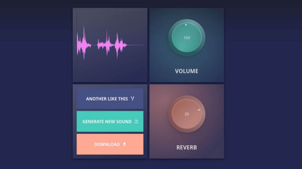 AudiaLab Synapse Drums creates royalty-free drum samples that you can use in your music. The Generate control generates a new sample, the Download button downloads the sample to your PC, and Another Like This generates a sample with similar characteristics.
