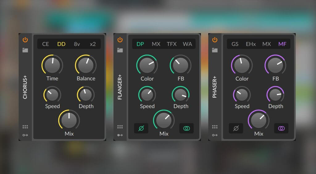  Bitwig Studio 4.2 features three new audio effects. Chorus+ (left), Flanger+ (middle), and Phaser+ (right) are all part of the new update.