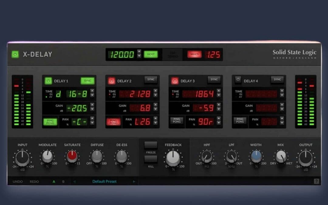 This image features the SSL X-Delay plugin. SSL X-Delay is the brand new delay plugin by SSL. This 4-tap delay is the latest addition to their X series, and it