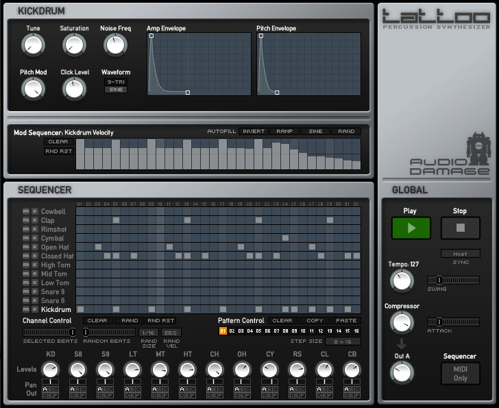 Tattoo is a free VSTpercussion synth plugin and it was actually Audio Damage's first instrument. It's an old-school drum machine with all the features you’d want from a virtual analog synth!

Each of the twelve drum channels (kick, snare, toms, hats, etc.), has a set of controls that allow you to really manipulate the sound. The built-in sequencer allows you to build drum loops while applying randomization and modulation for unexpected results.