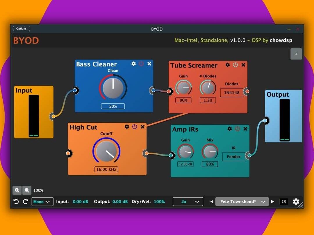 ChowDSP BYOD is a modular style distortion plugin. You can "patch-in" your desired effect processors and build your own custom distortions. Starting with an input, you can decide what modules will process your signal. 
